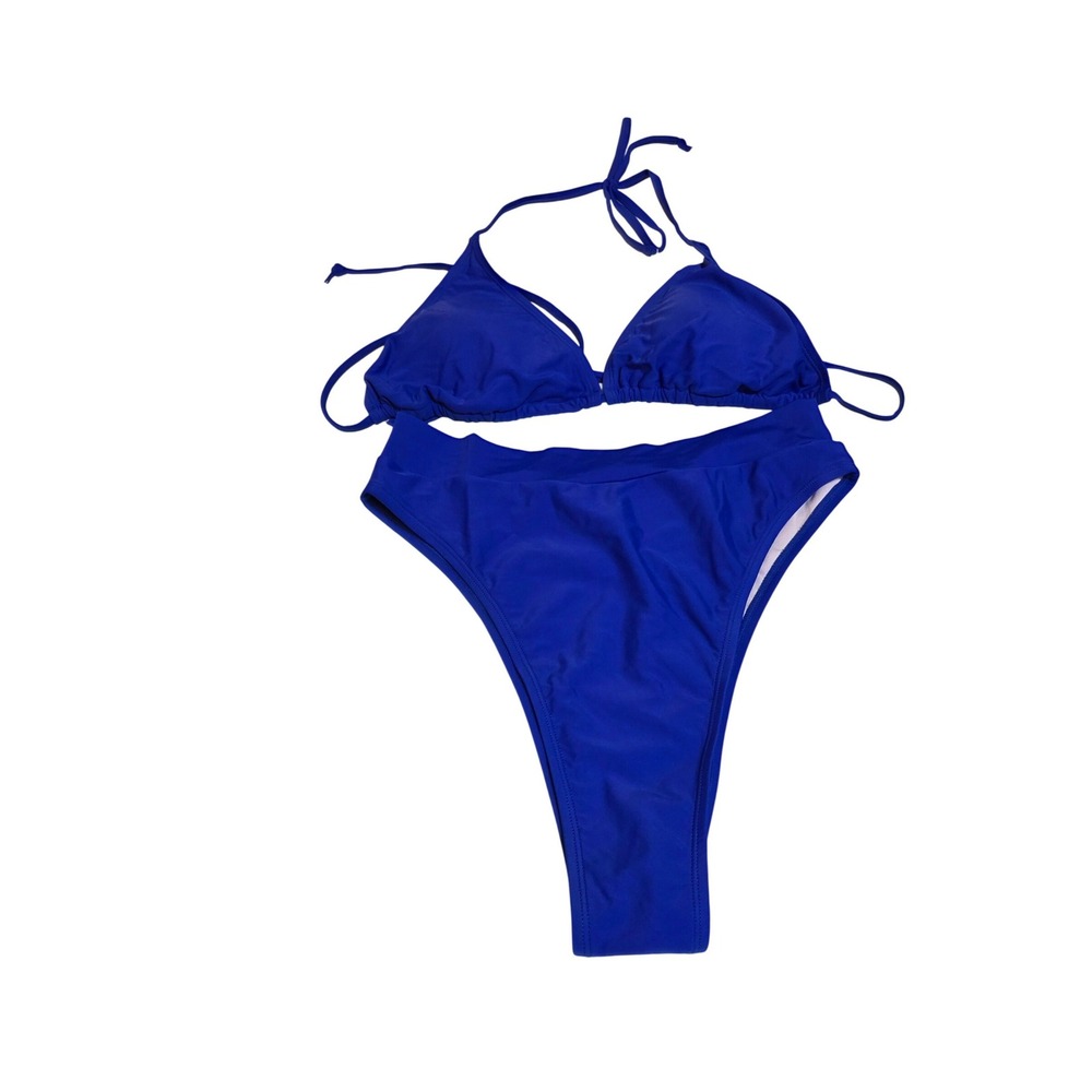 Blue 3 Piece Bikini Set High Waisted Bottoms Triangle Top Mesh‎ Cover Up Large
